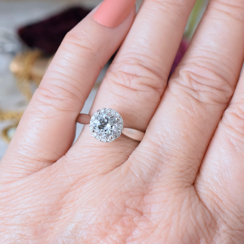 Modern 18ct White Gold Aquamarine And Diamond Cluster Halo Ring