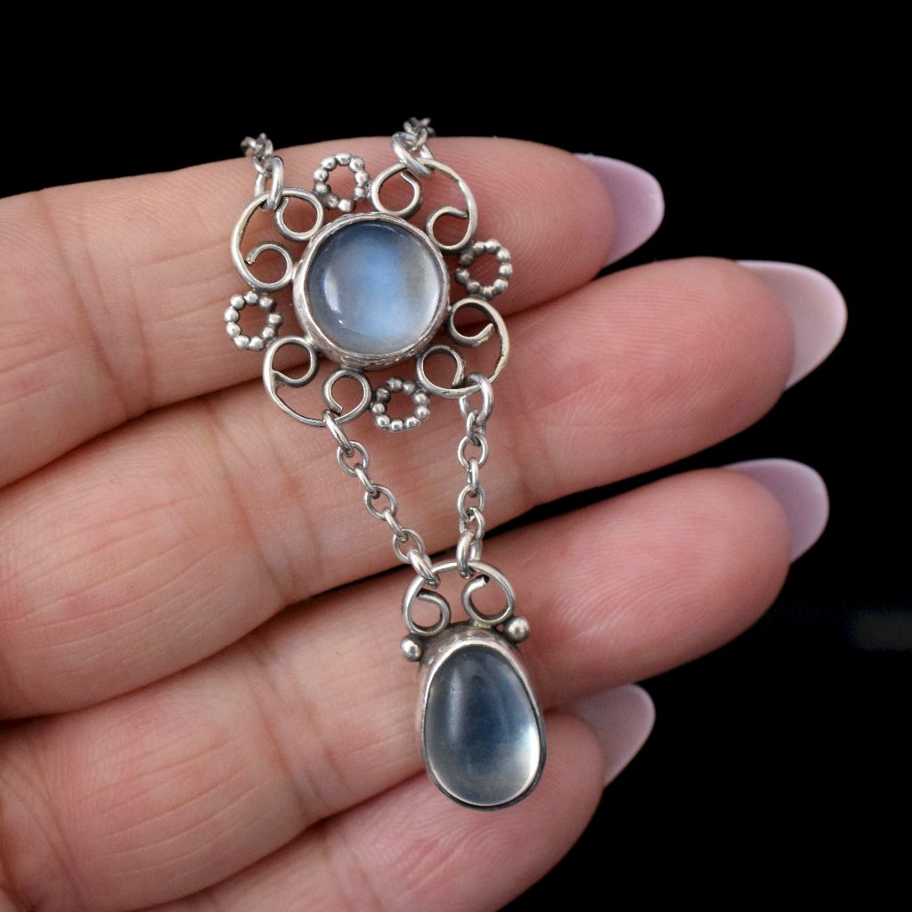 Antique Arts & Crafts Sterling Silver And Moonstone Pendant Necklace Circa 1915