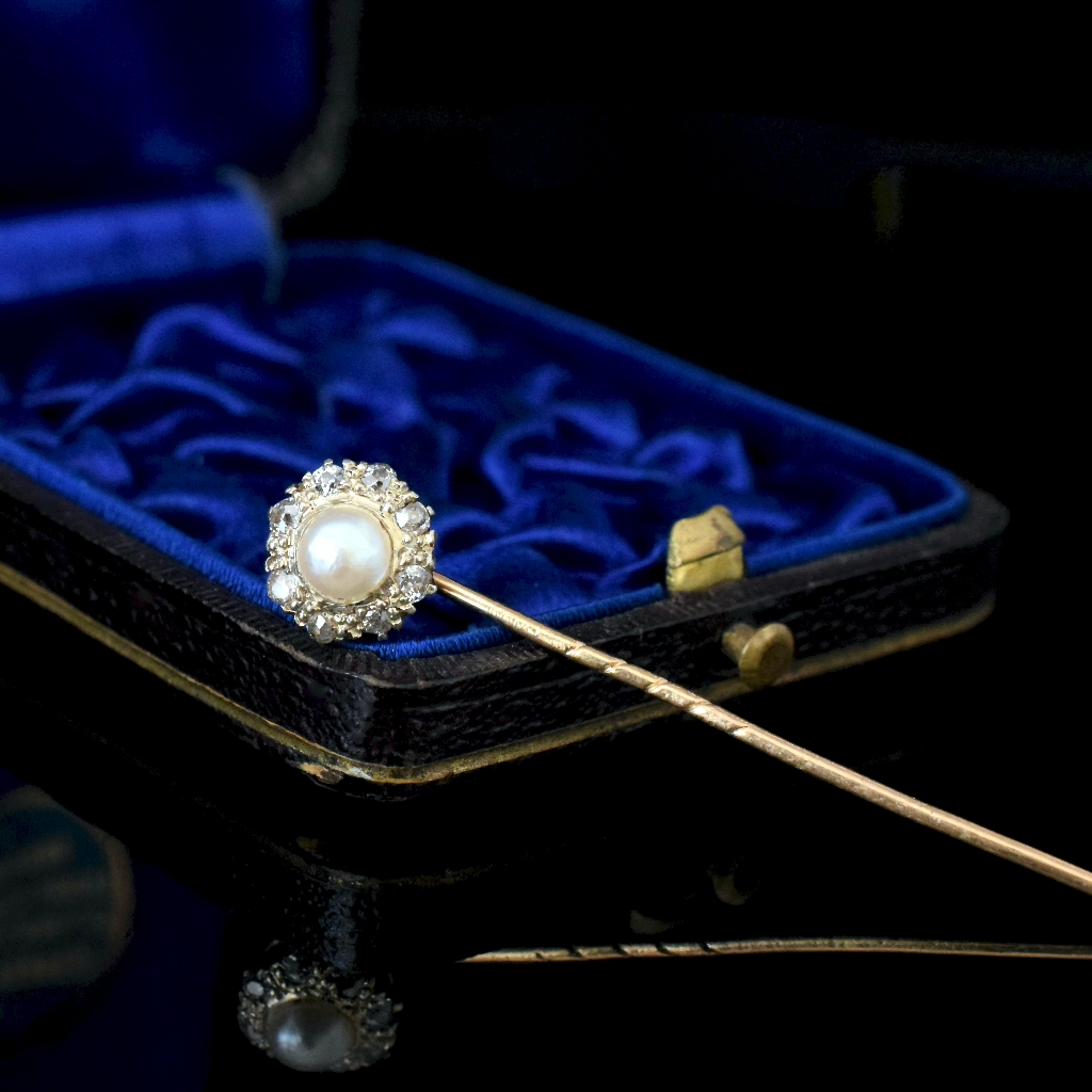 Antique Victorian/Edwardian 15ct Rose Gold Diamond And Pearl Stick Pin Circa 1900