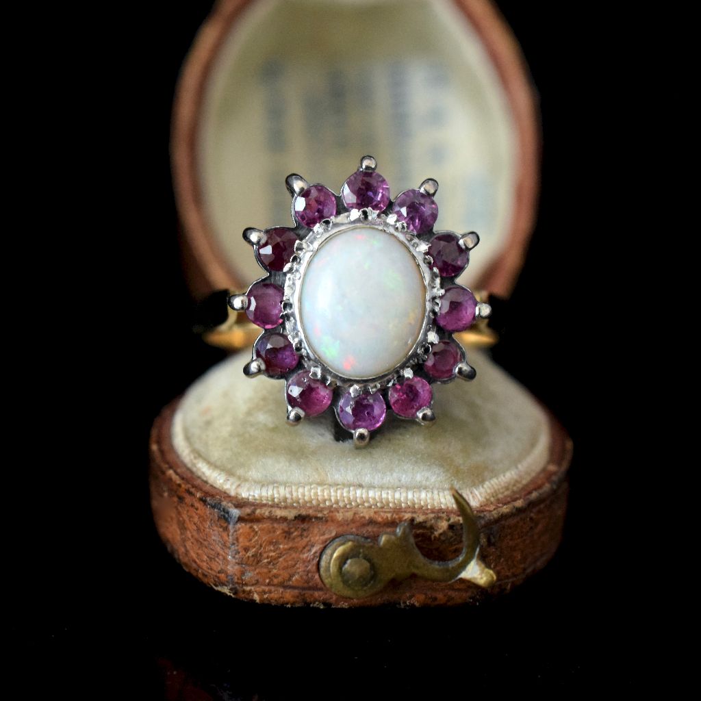 Vintage 18ct Palladium Solid Opal And Ruby Cluster Ring