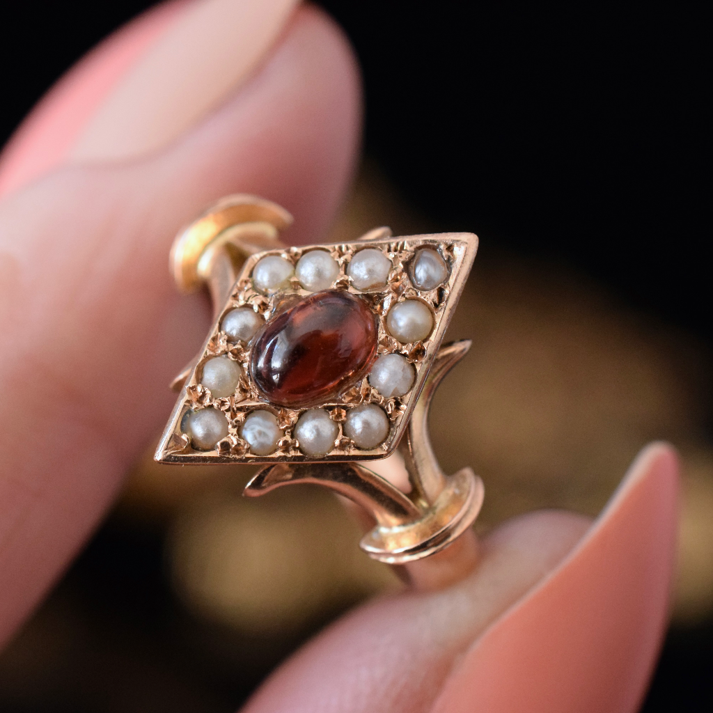 Antique Australian 15ct Rose Gold ’Navette’ Garnet Pearl Ring By Mackay & Co Circa 1905