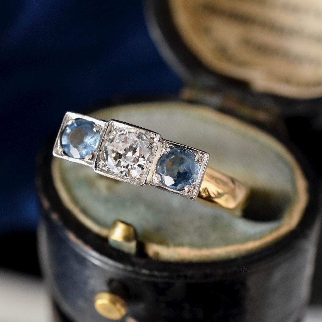 Antique 18ct Yellow Gold Diamond And Aquamarine Trilogy Ring Birmingham 1902
