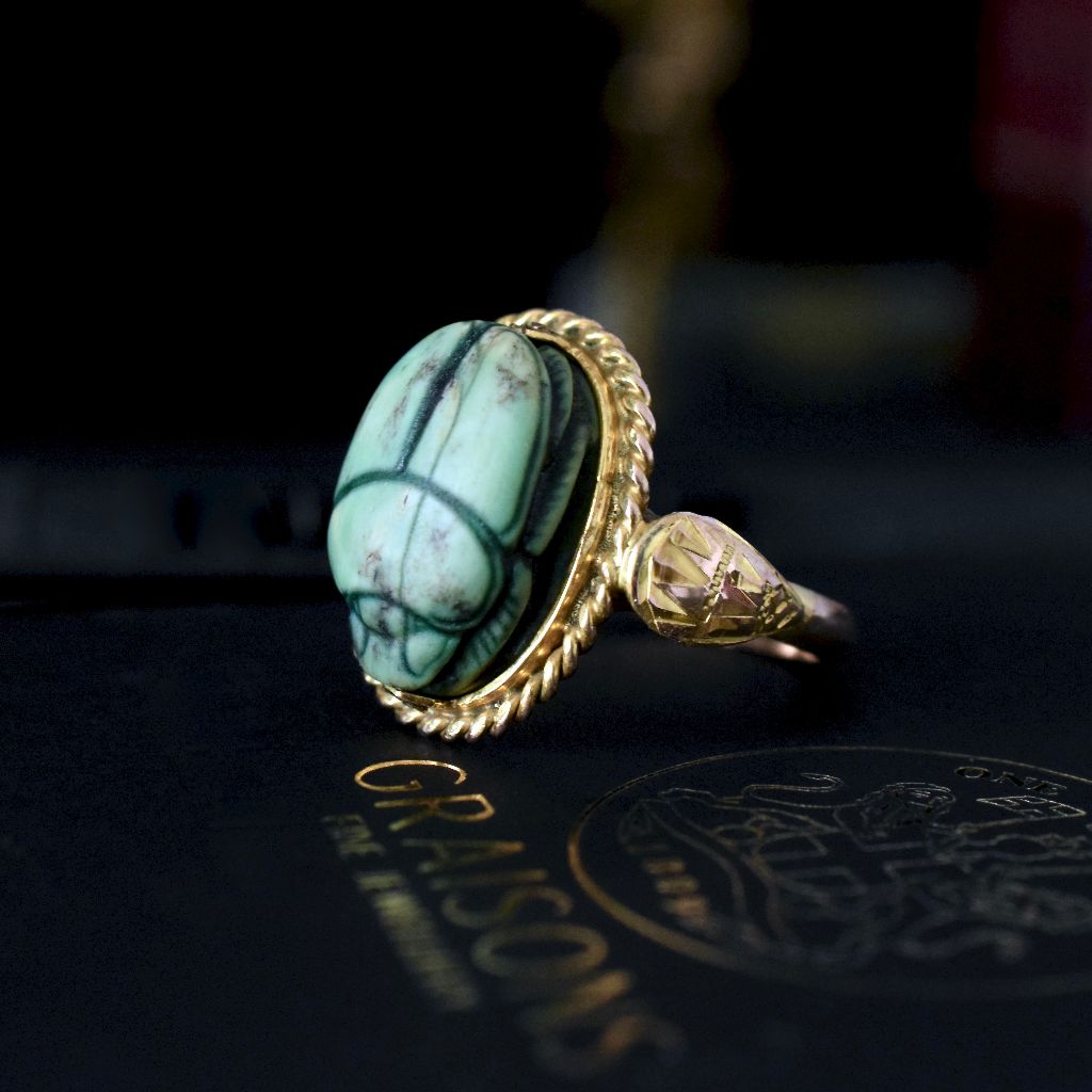 Antique 9ct Yellow Gold Egyptian Revival Faience Scarab Ring Circa 1920