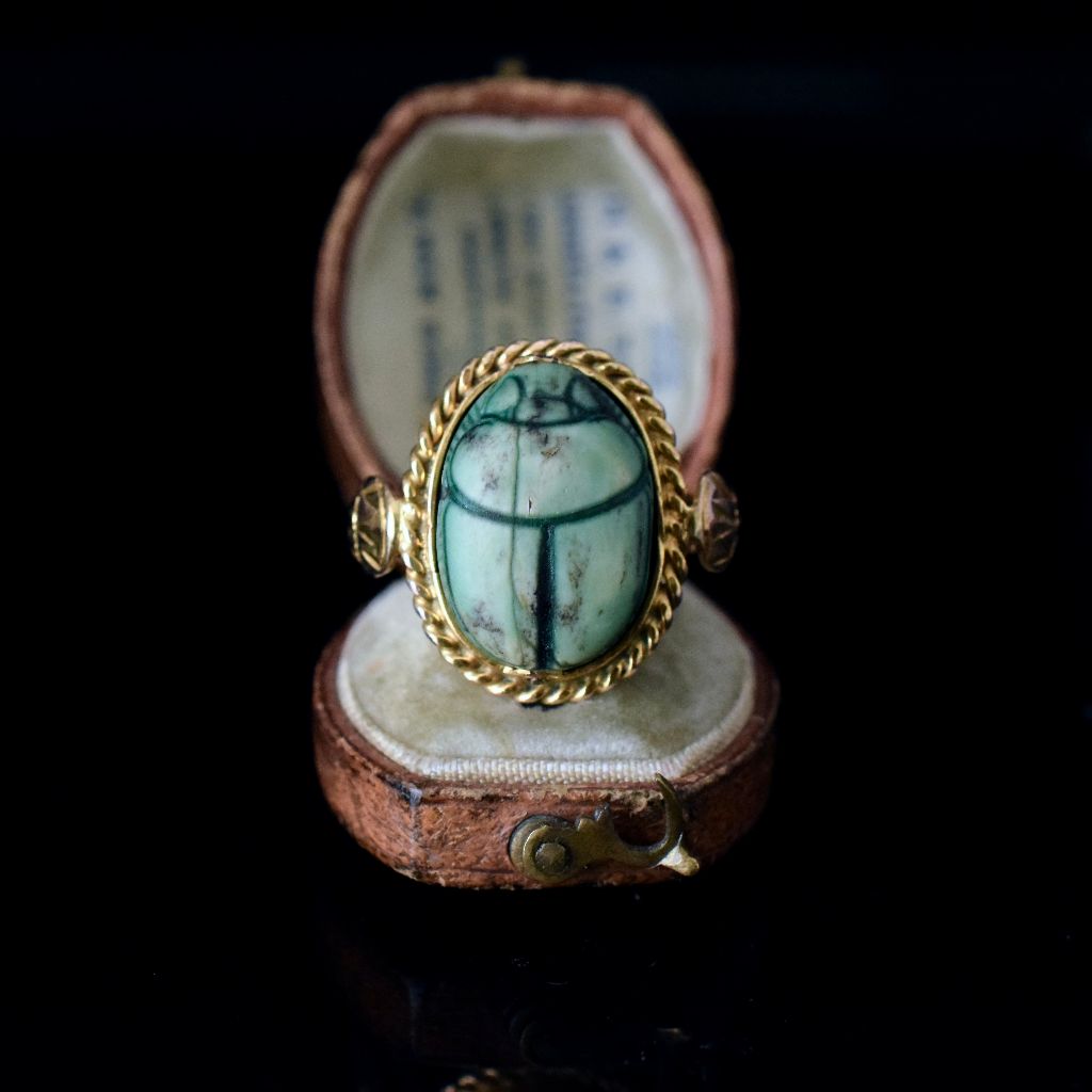 Antique 9ct Yellow Gold Egyptian Revival Faience Scarab Ring Circa 1920