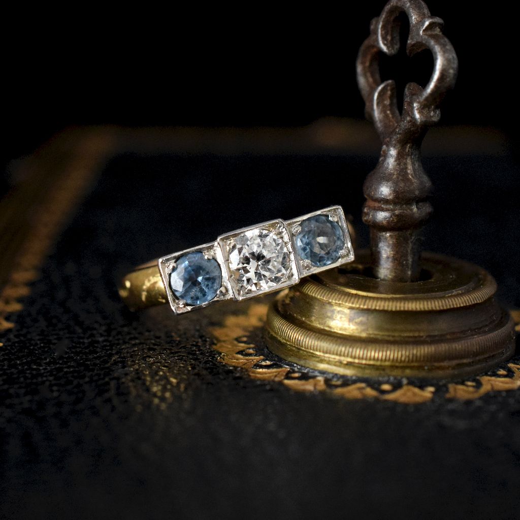 Antique 18ct Yellow Gold Diamond And Aquamarine Trilogy Ring Birmingham 1902