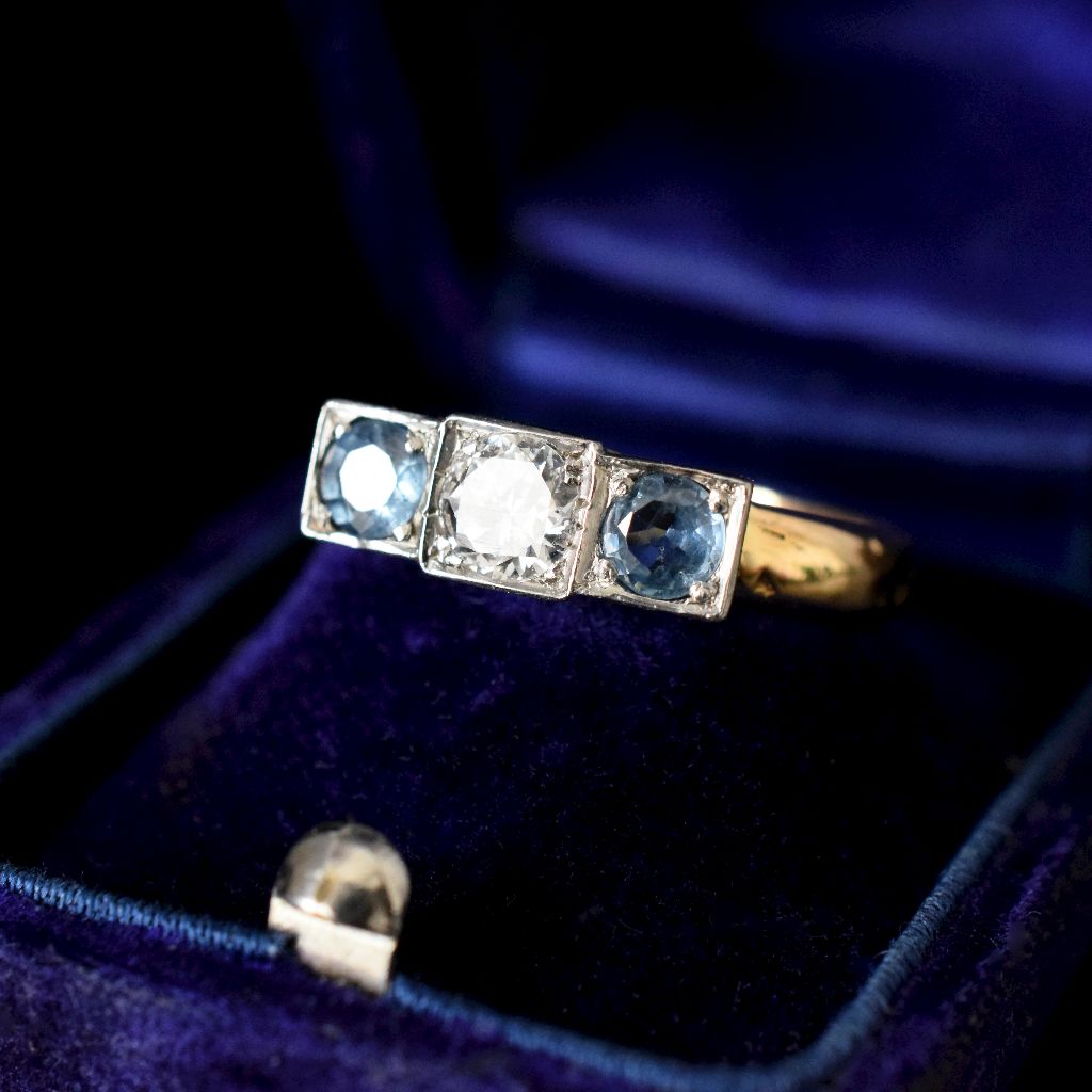 Antique 18ct Yellow Gold Diamond And Aquamarine Trilogy Ring Birmingham 1902