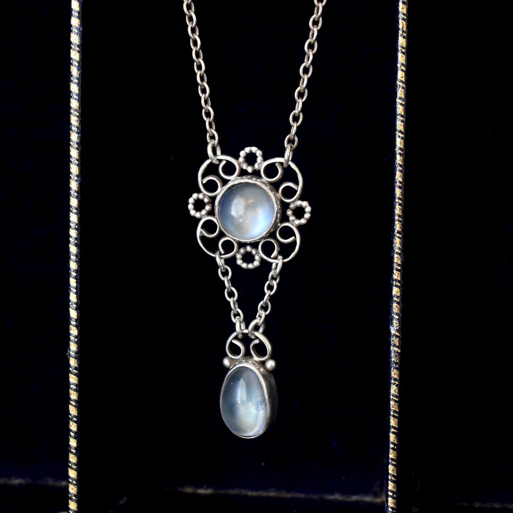 Antique Arts & Crafts Sterling Silver And Moonstone Pendant Necklace Circa 1915