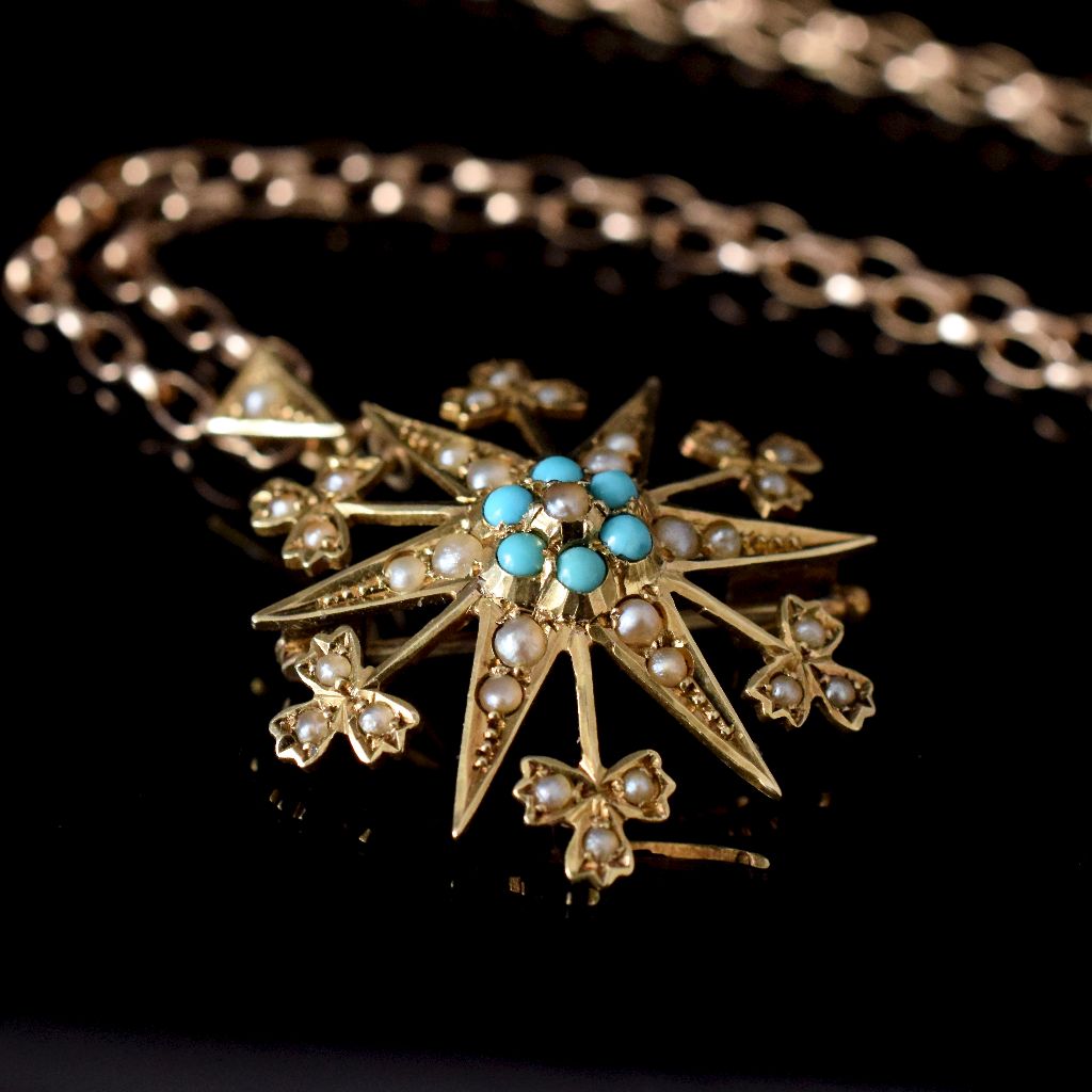 Antique Australian 15ct Yellow Gold Turquoise And Seed Pearl Brooch/Pendant By Johnson And Simonsen Circa 1900