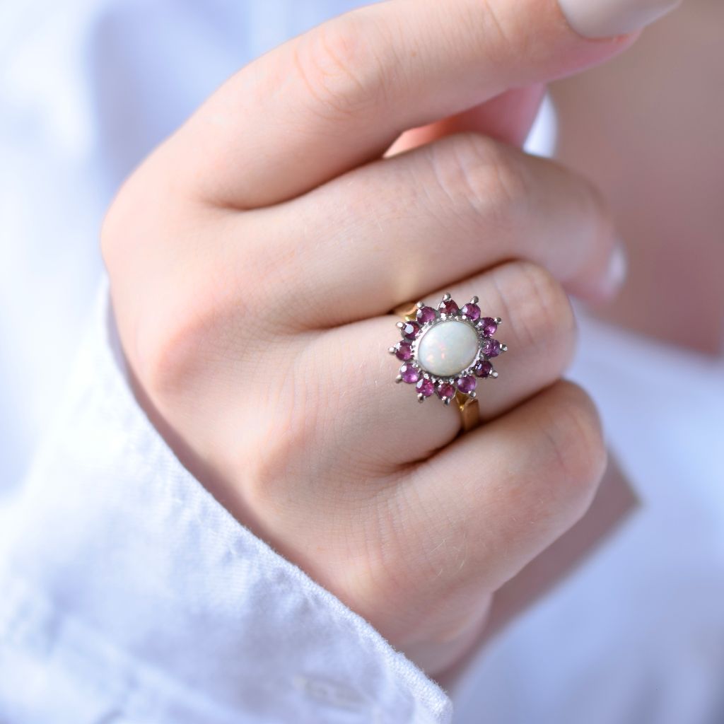 Vintage 18ct Palladium Solid Opal And Ruby Cluster Ring