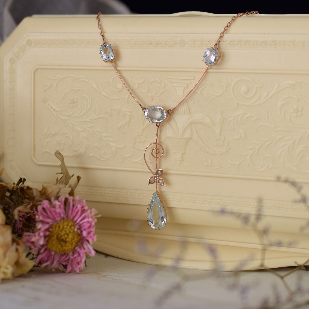Antique Australian 9ct Rose Gold Aquamarine Seed Pearl Lavaliere By Willis And Sons Circa 1910