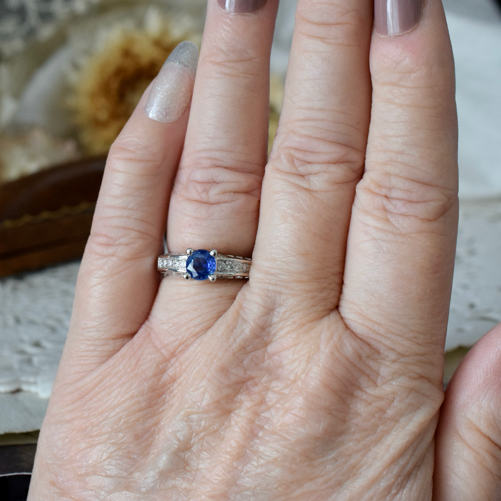 Modern 18ct White Gold Ceylon Sapphire And Diamond Ring Independent Valuation Included In Purchase For $4,850 AUD