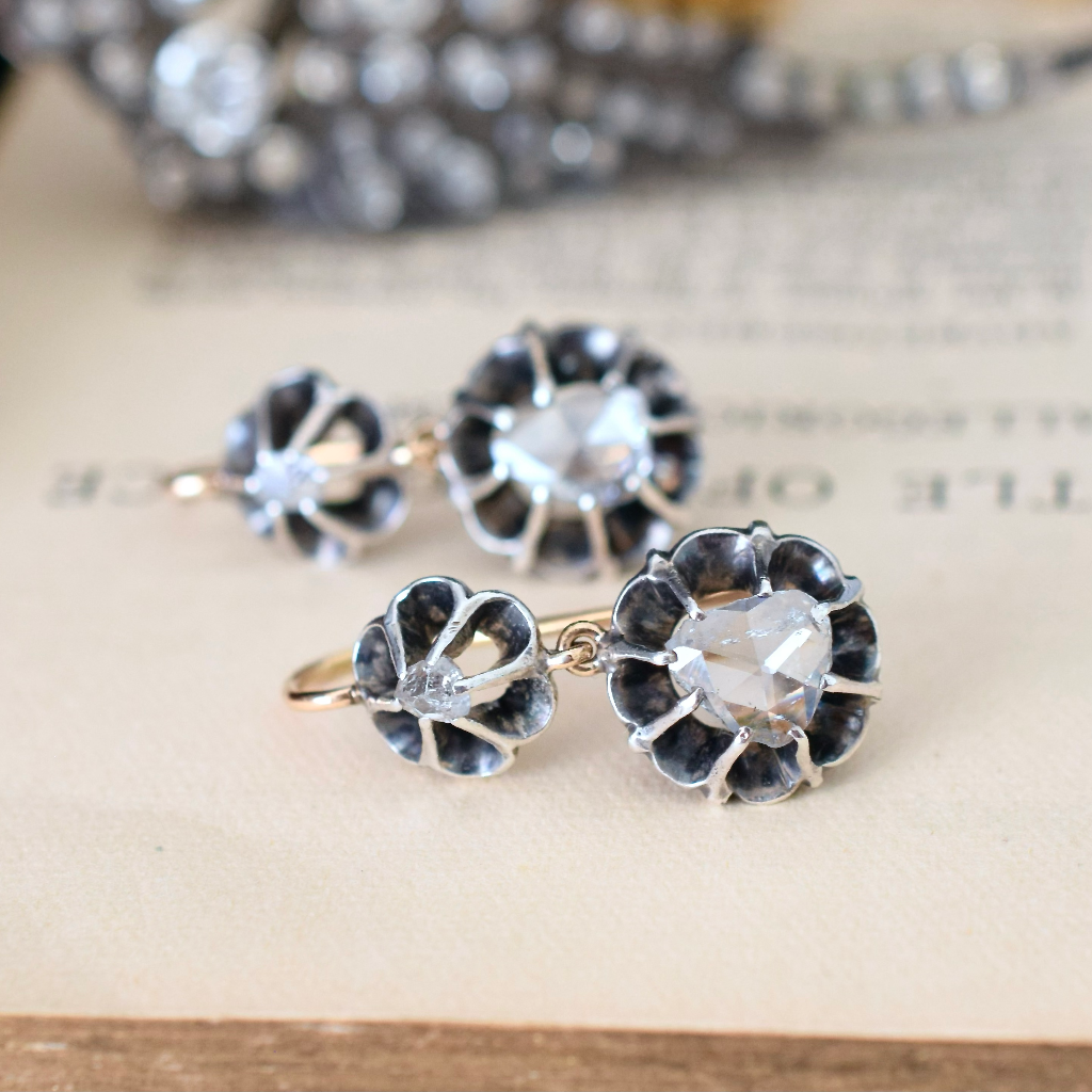Antique Victorian 15ct And Silver Rose Cut Diamond Earrings Circa 1885