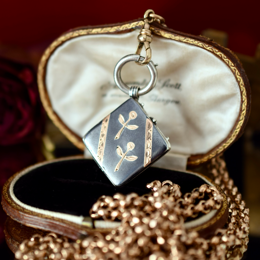 Antique Victorian Niello And Rose Gold Gilt Square Locket Pendant Circ