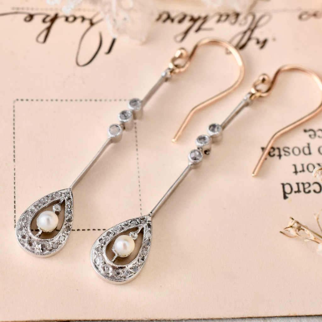 Antique Edwardian French 18ct White Gold Diamond And Pearl Earrings