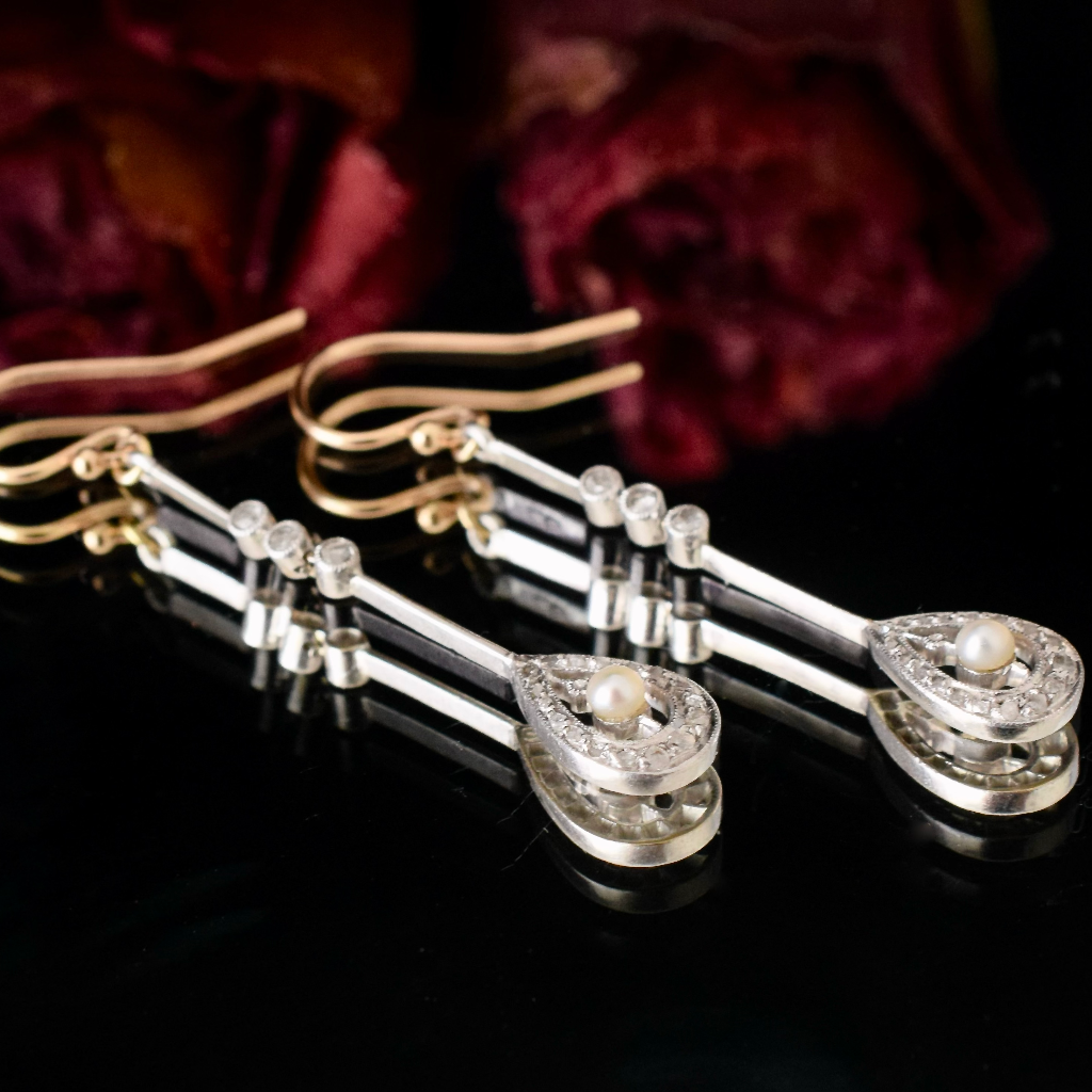 Antique Edwardian French 18ct White Gold Diamond And Pearl Earrings