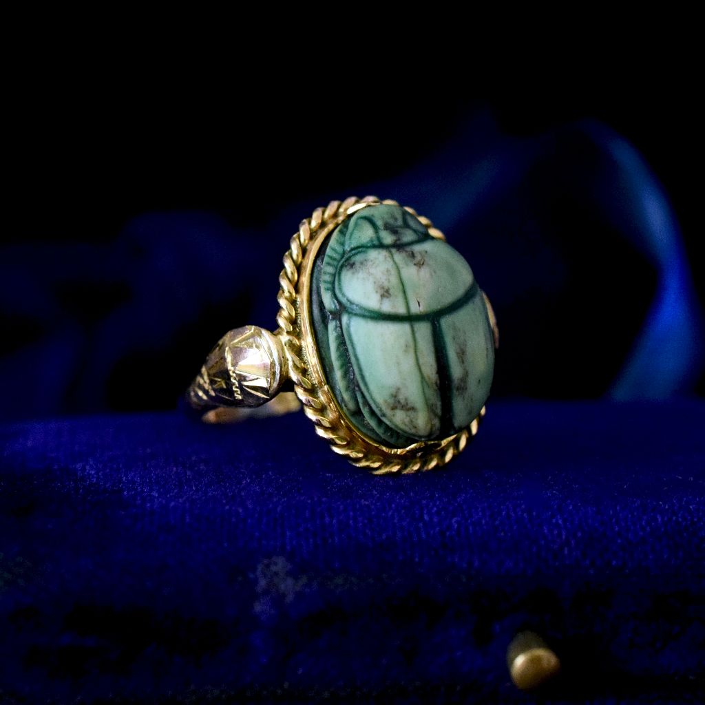 Antique 9ct Yellow Gold Egyptian Revival Faience Scarab Ring Circa 1920