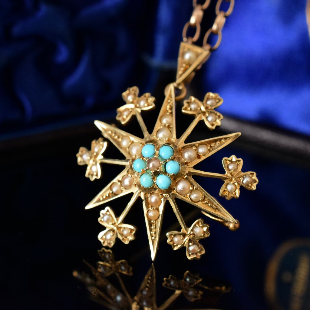 Antique Australian 15ct Yellow Gold Turquoise And Seed Pearl Brooch/Pendant By Johnson And Simonsen Circa 1900