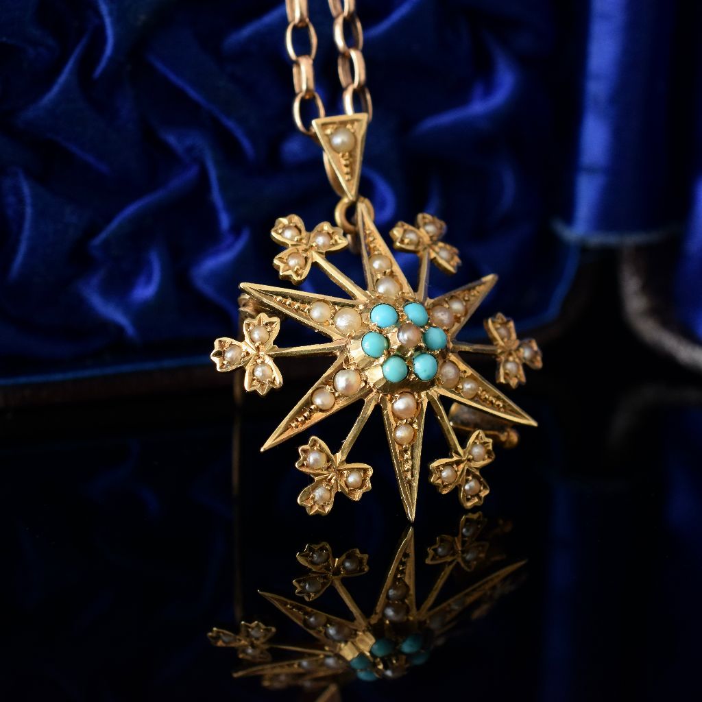 Antique Australian 15ct Yellow Gold Turquoise And Seed Pearl Brooch/Pendant By Johnson And Simonsen Circa 1900