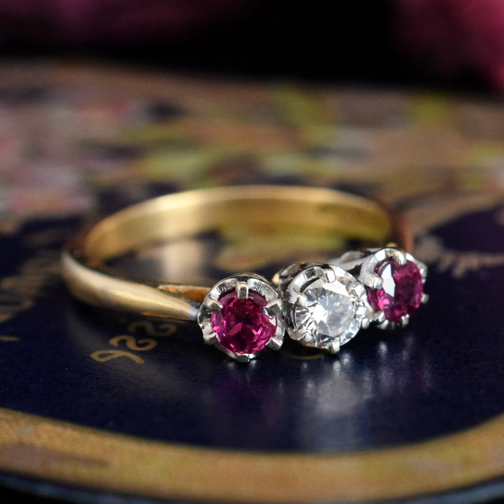 Modern 18ct Yellow Gold Ruby And Diamond Trilogy Ring Independent Valuation Included For $7000 AUD