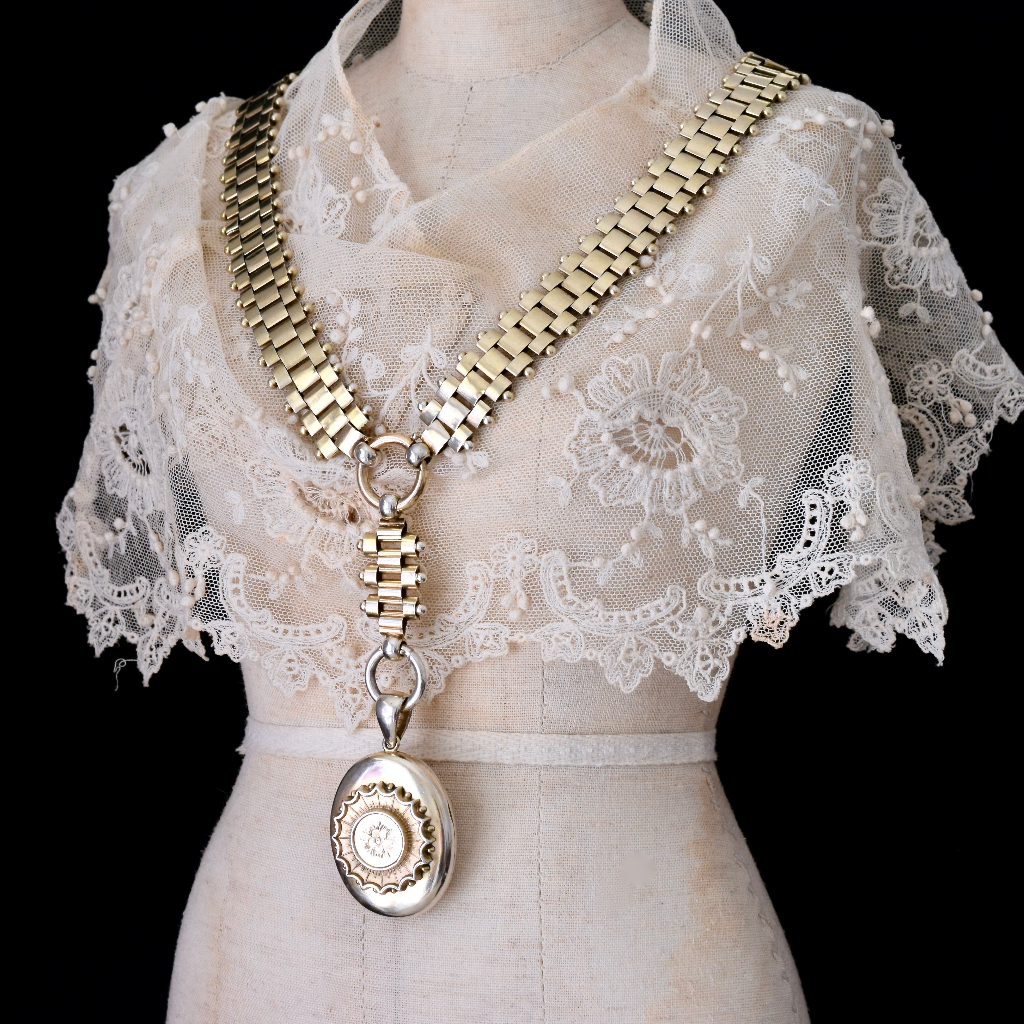 Antique Sterling Silver Victorian Aesthetic Book Chain Collar And Locket Necklace