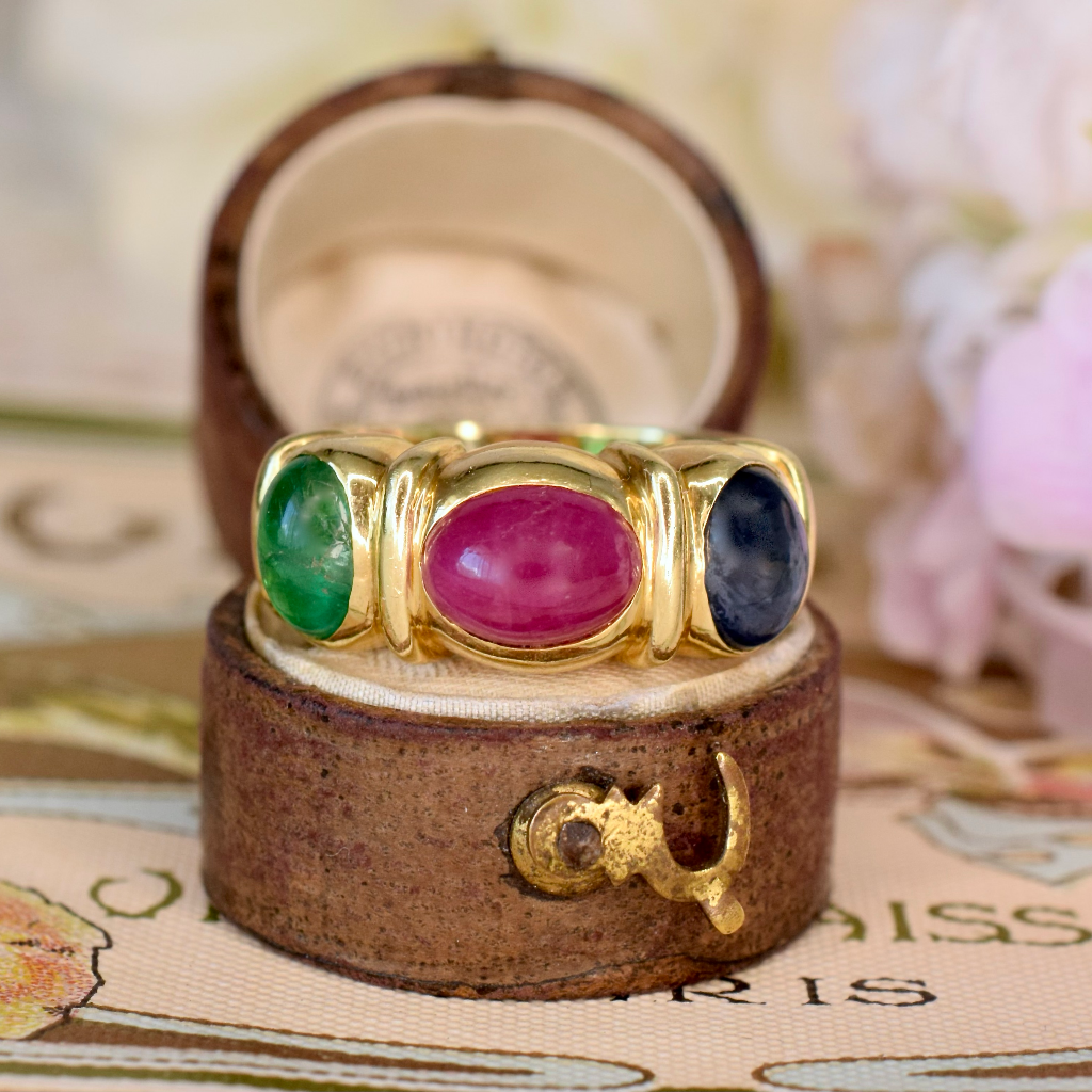 Modern 18ct Yellow Gold Cabochon Ruby-Sapphire-Emerald Ring Independent Insurance Valuation For $4,750 AUD