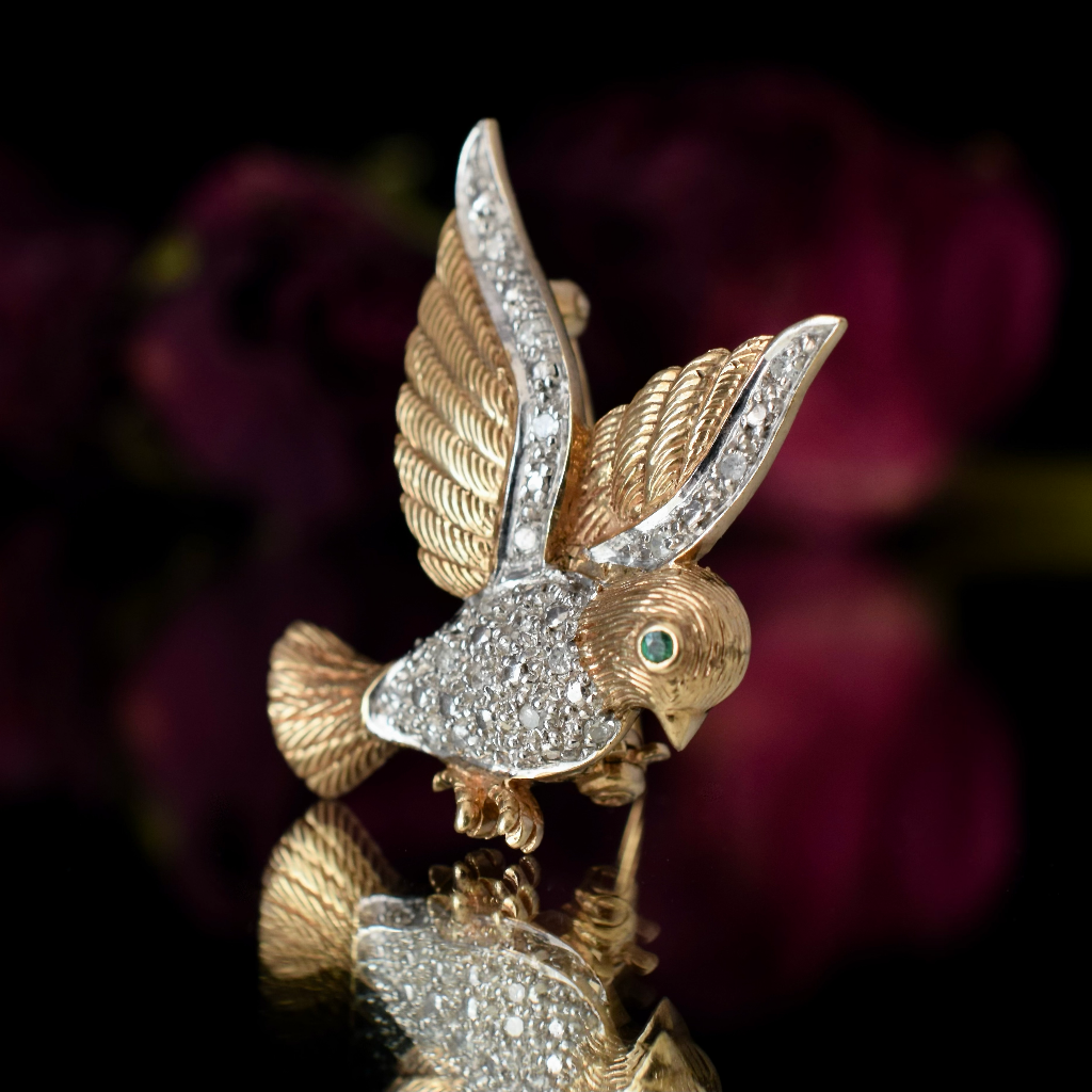 Modern 9ct Yellow Gold Diamond And Emerald Bird Brooch