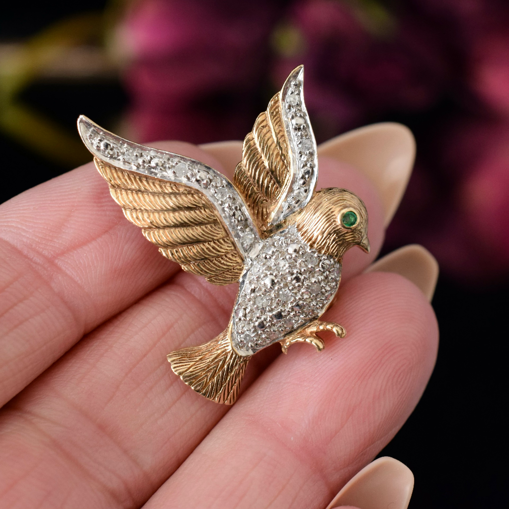 Modern 9ct Yellow Gold Diamond And Emerald Bird Brooch