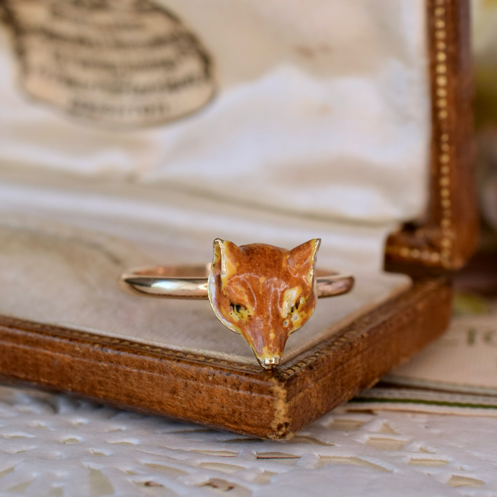 Antique 12ct Rose Gold And Enamel ‘Fox Head’ Ring Circa 1905