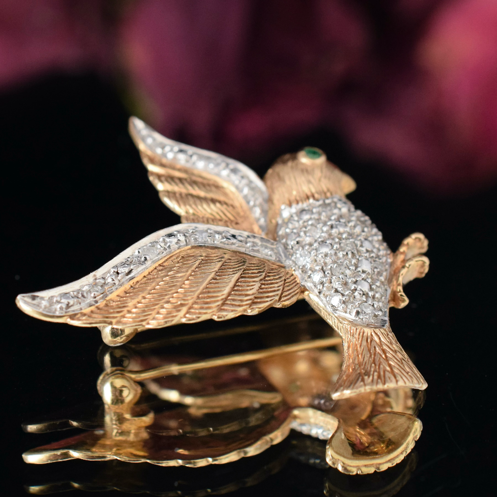 Modern 9ct Yellow Gold Diamond And Emerald Bird Brooch