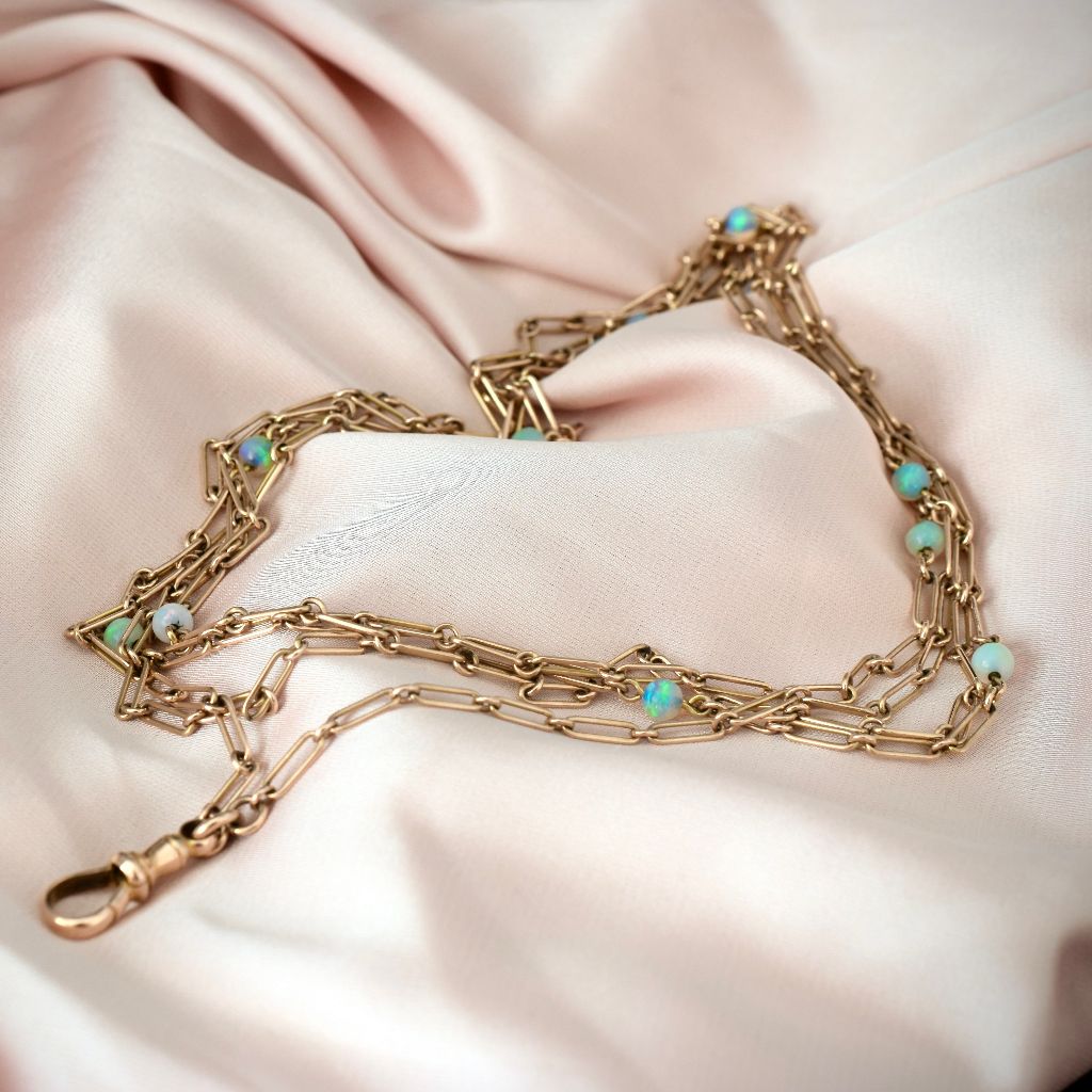 Antique 9ct Rose Gold And Opal Long Guard Chain 148cm