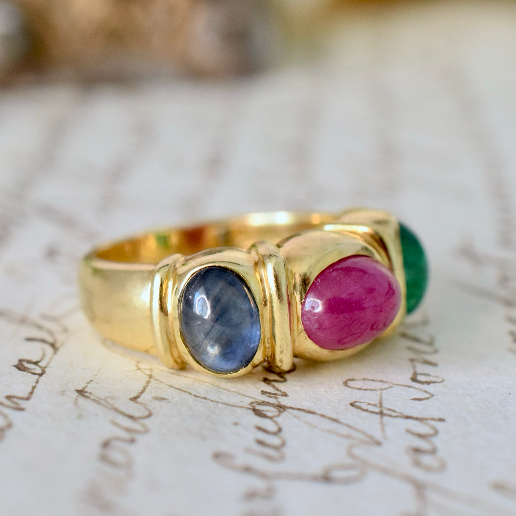 Modern 18ct Yellow Gold Cabochon Ruby-Sapphire-Emerald Ring Independent Insurance Valuation For $4,750 AUD