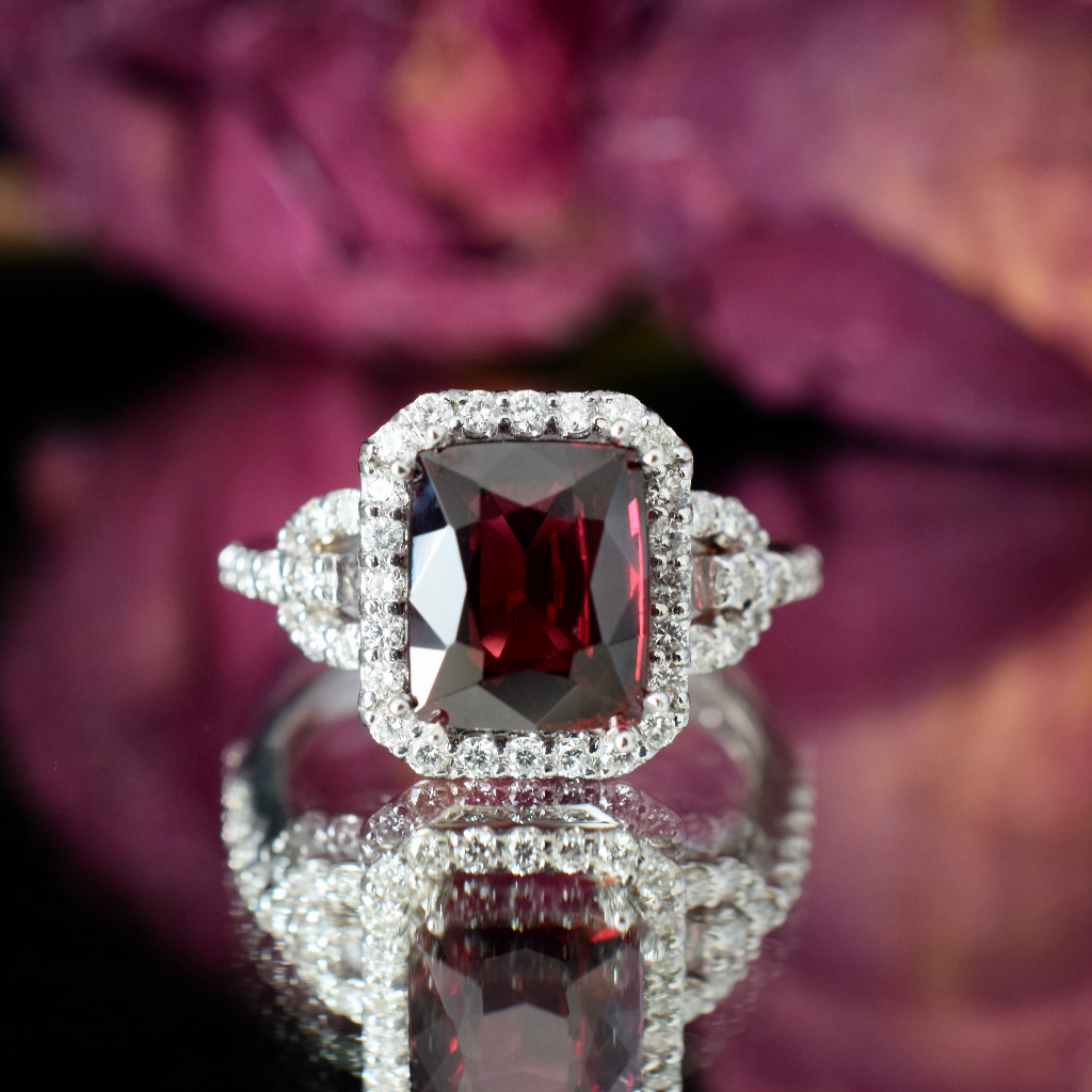 Modern 18ct White Gold Rhodolite Garnet And Diamond Halo Ring Independent Insurance Valuation For $4,400 AUD