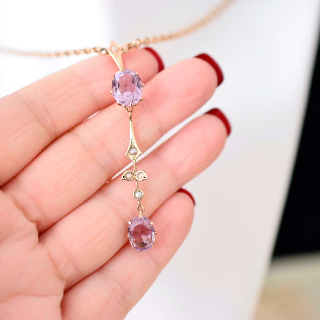 Antique Edwardian 9ct Rose Gold Amethyst And Seed Pearl Pendant Circa 1910