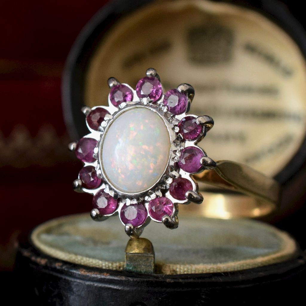 Vintage 18ct Palladium Solid Opal And Ruby Cluster Ring