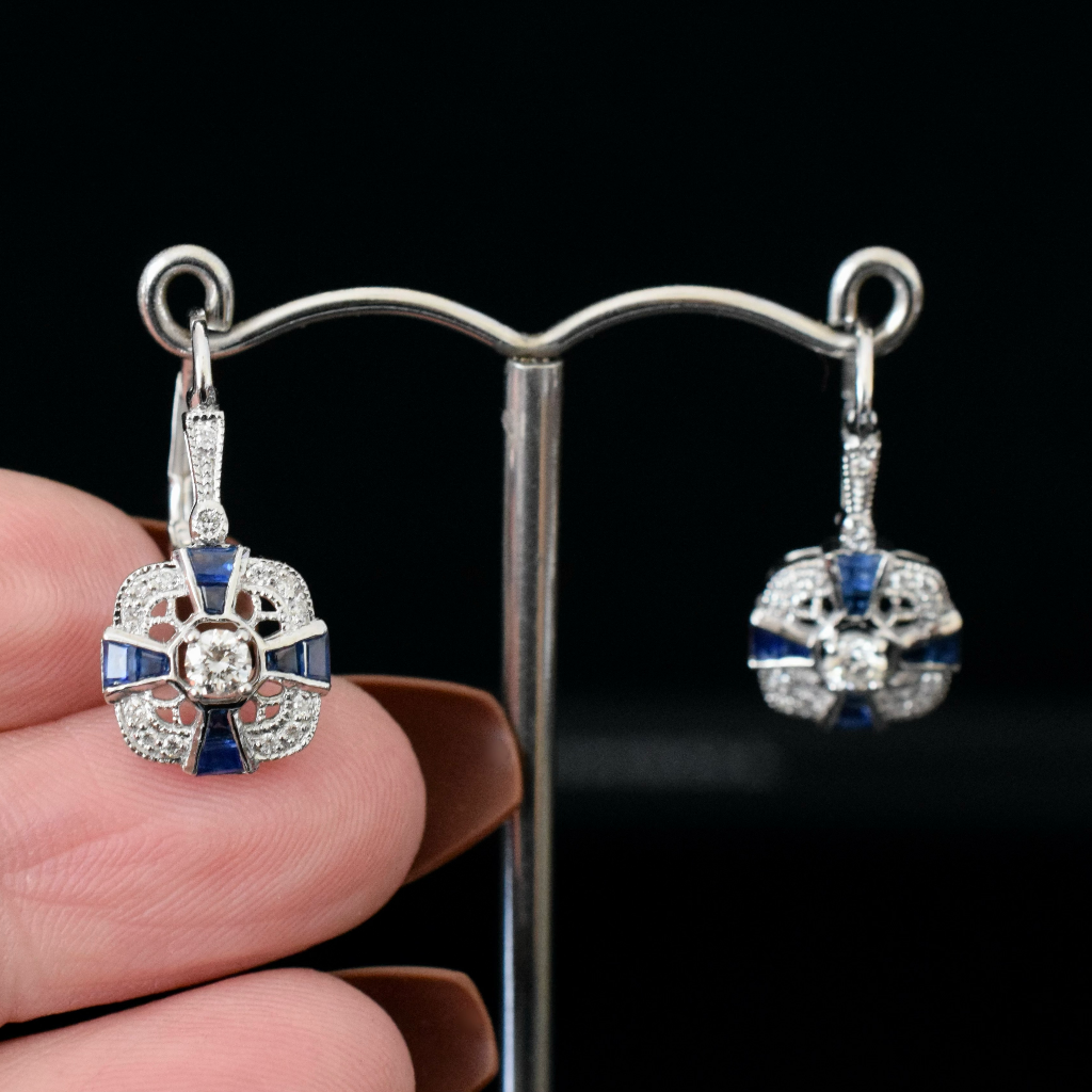 Art Deco Style 18ct White Gold Diamond And Sapphire Earrings