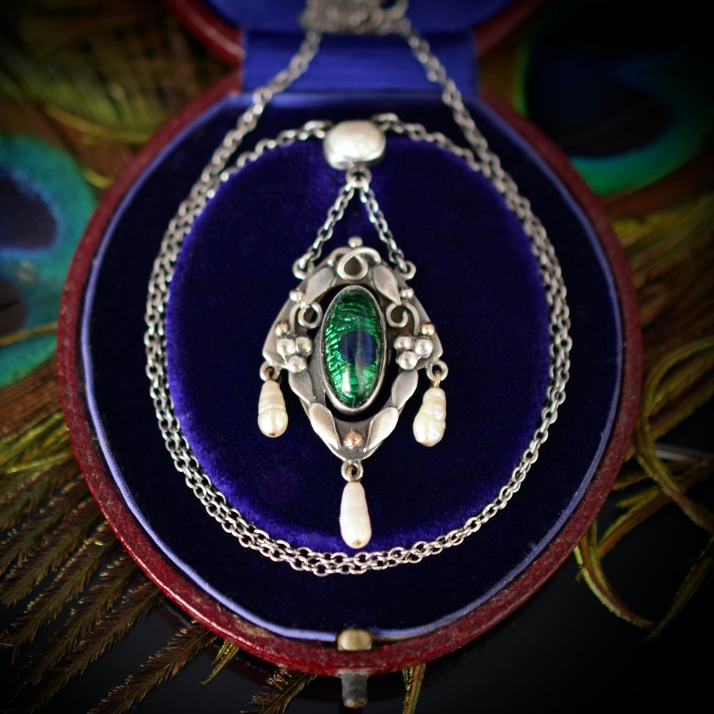 Antique Arts & Crafts Sterling Silver Peacock Enamel Pendant 1904