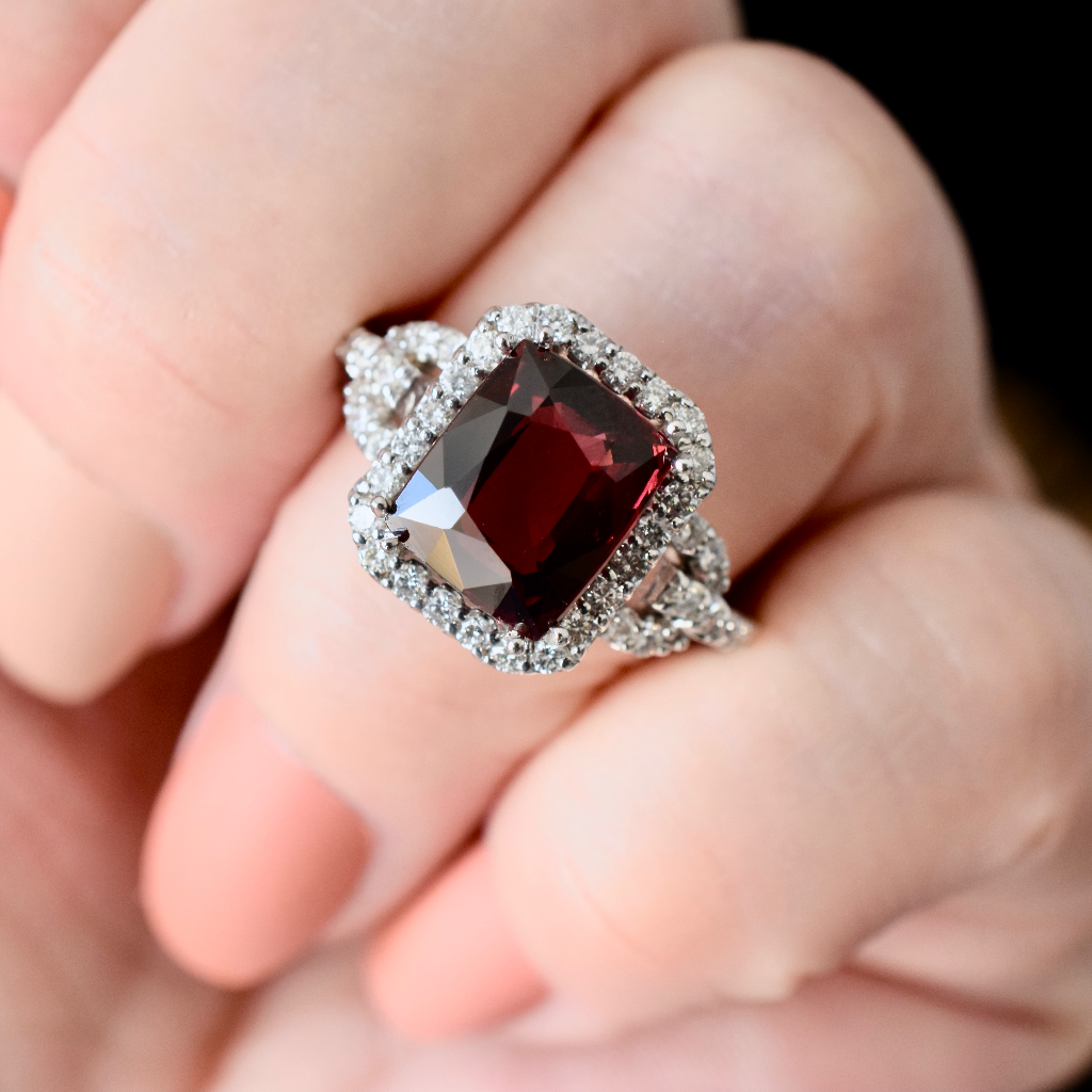 Modern 18ct White Gold Rhodolite Garnet And Diamond Halo Ring Independent Insurance Valuation For $4,400 AUD