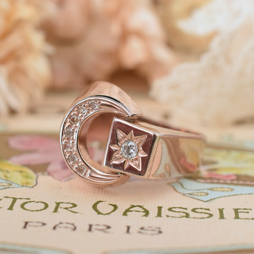 Vintage 9ct Rose Gold And Diamond ‘Crescent And Star’ Ring