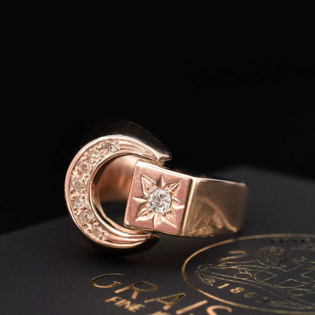 Vintage 9ct Rose Gold And Diamond ‘Crescent And Star’ Ring