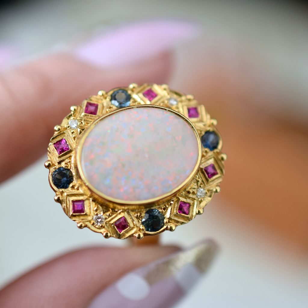 Modern 18ct Yellow Gold Opal, Diamond, Sapphire And Ruby Ring