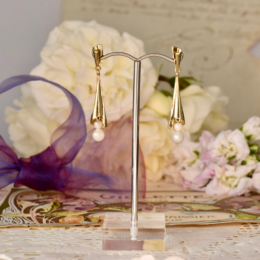 Modern 9ct Yellow Gold And Cultured Pearl Drop Earrings