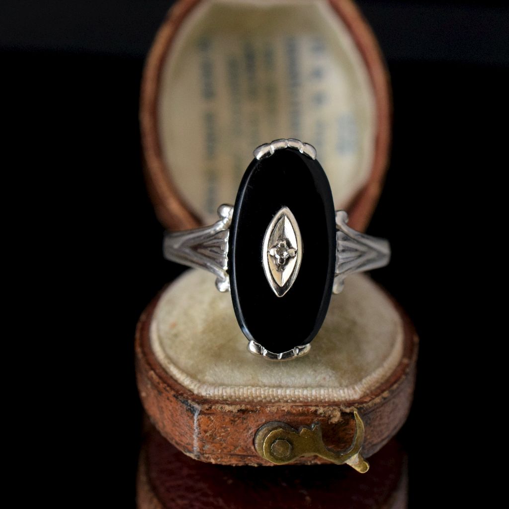 Vintage 10k White Gold Onyx Diamond Ring By Davidson & Sons New York