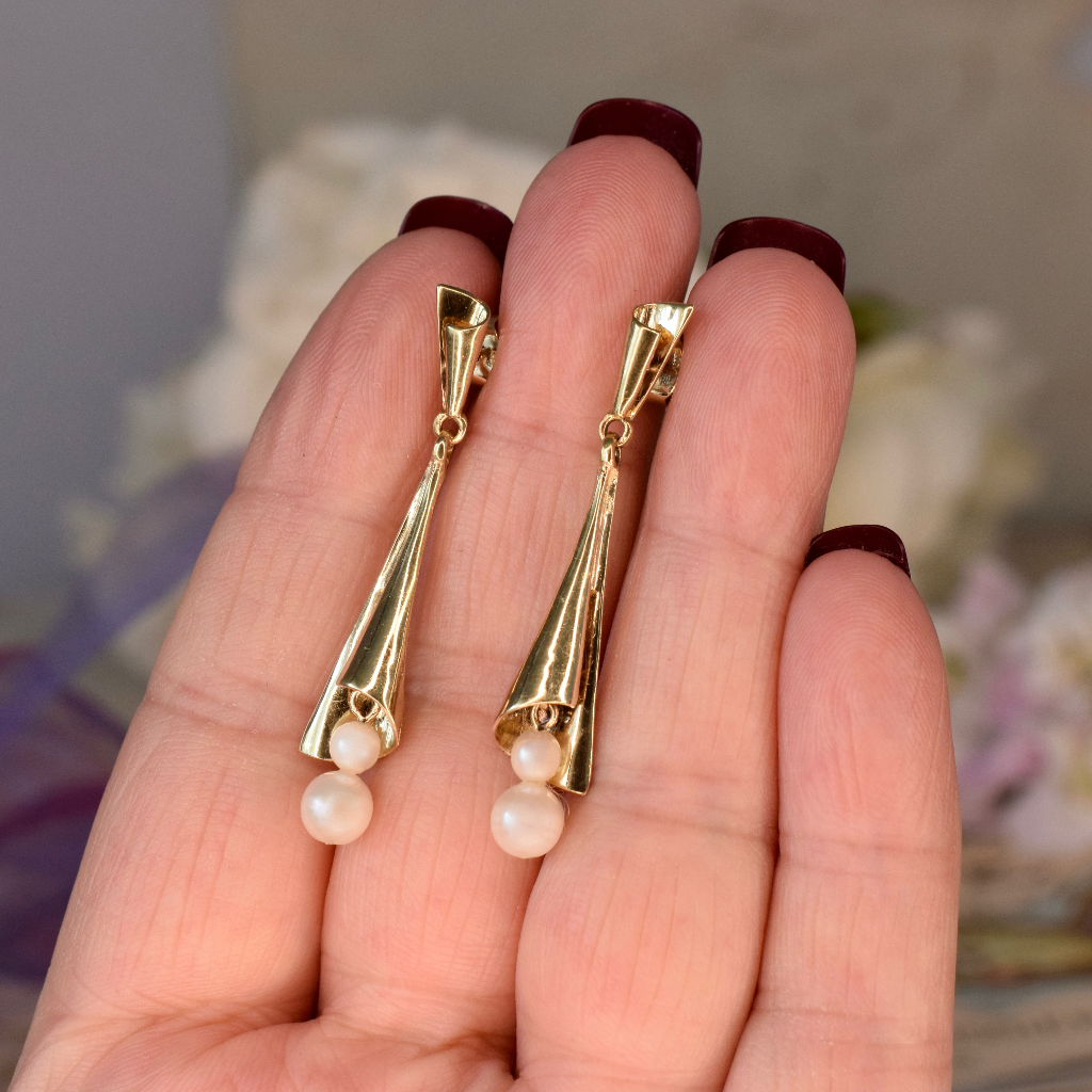Modern 9ct Yellow Gold And Cultured Pearl Drop Earrings