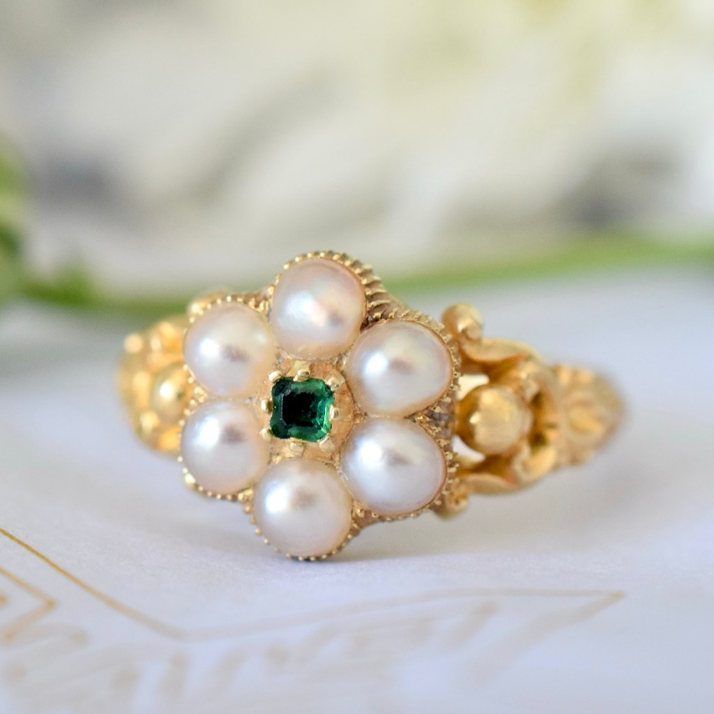 Antique Late Georgian/Early Victorian 18ct Yellow Gold Pearl And Emerald Ring Circa 1840
