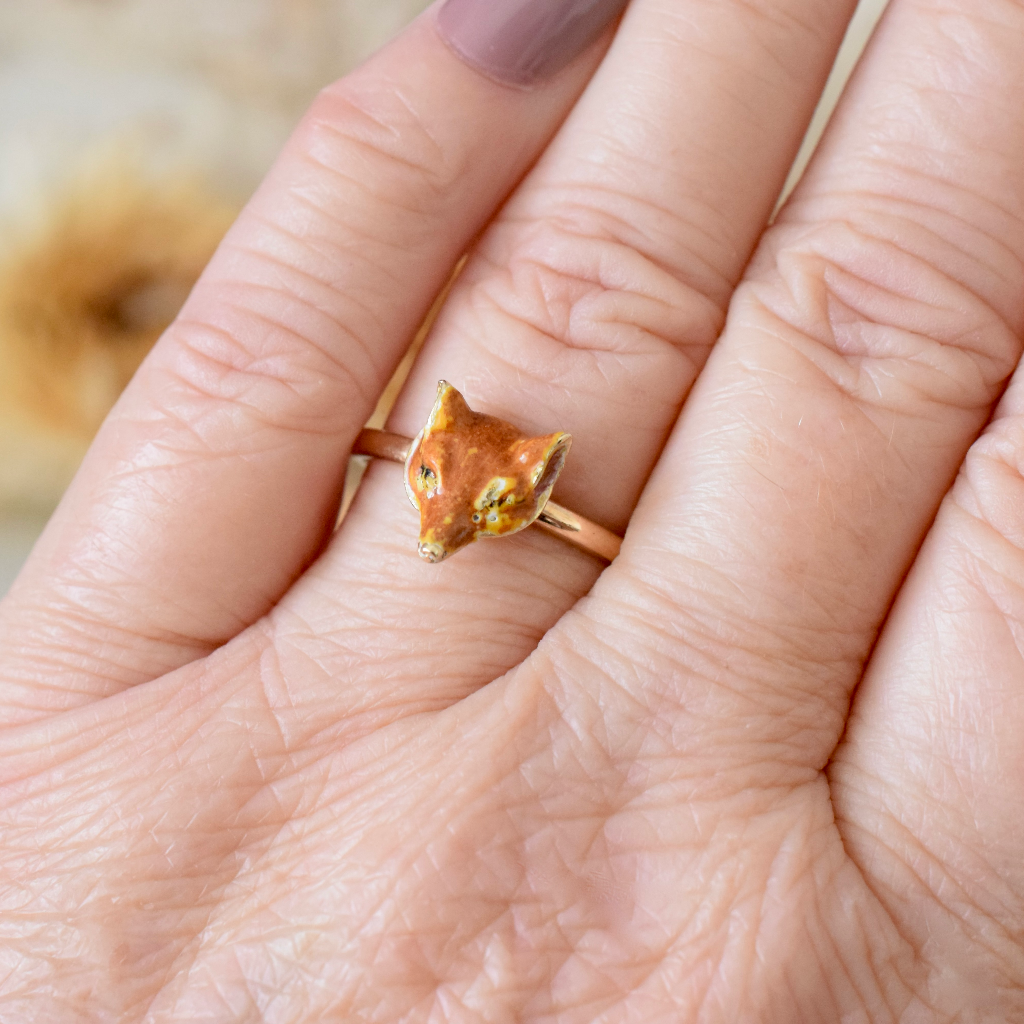 Antique 12ct Rose Gold And Enamel ‘Fox Head’ Ring Circa 1905