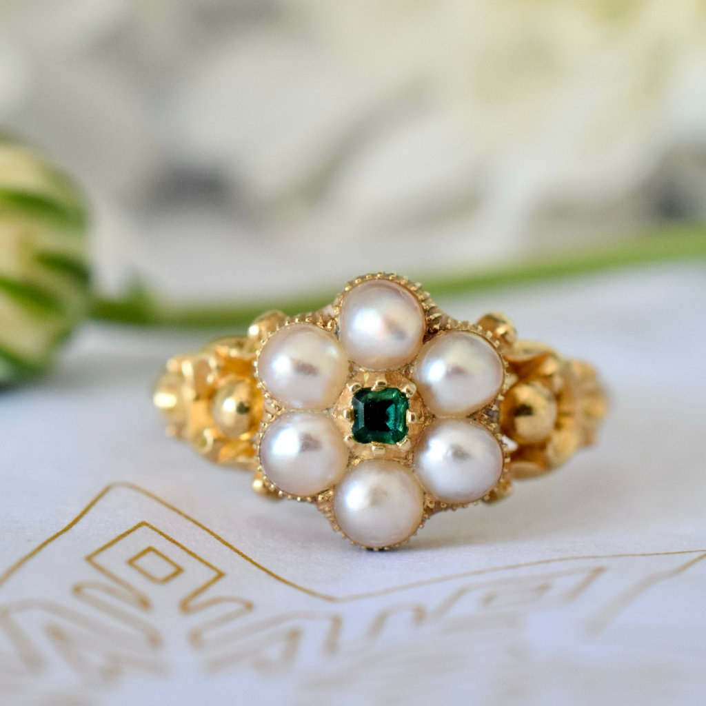 Antique Late Georgian/Early Victorian 18ct Yellow Gold Pearl And Emerald Ring Circa 1840