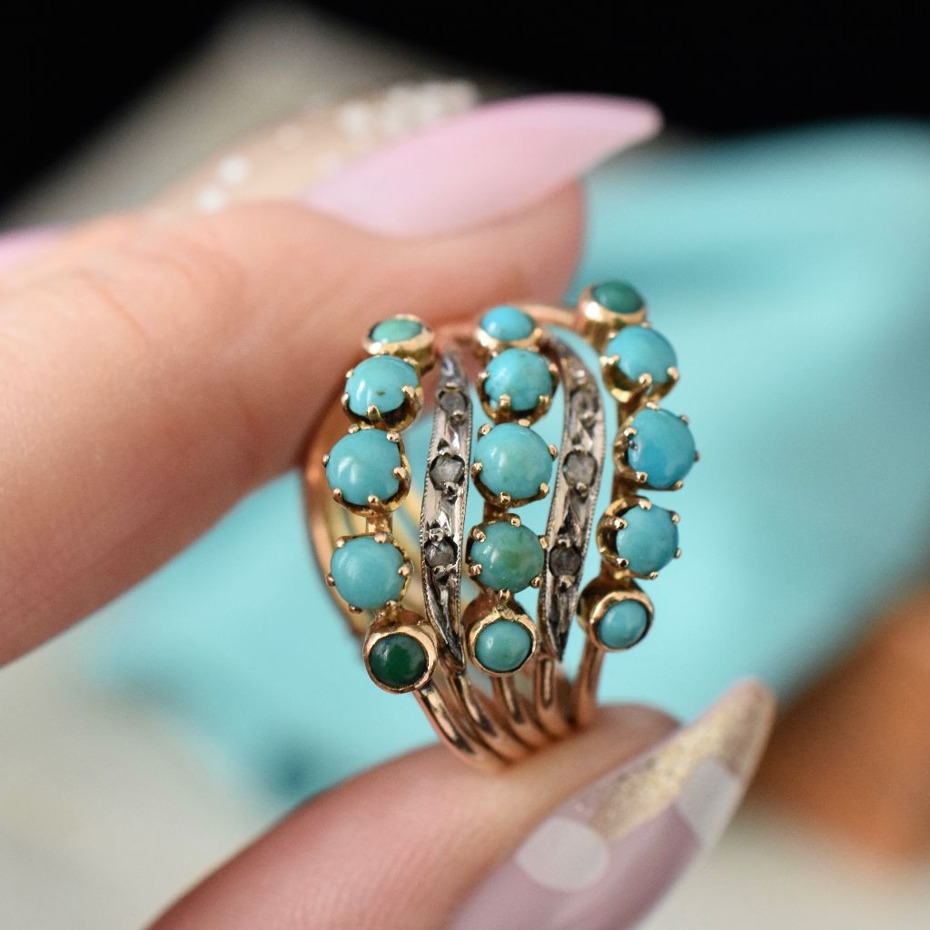 Early To Mid Century 14ct Rose Gold Turquoise And Diamond ‘Harem’ Ring