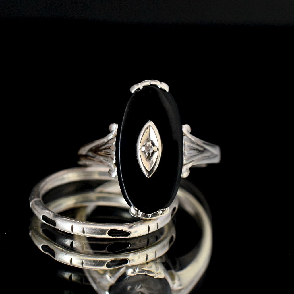 Vintage 10k White Gold Onyx Diamond Ring By Davidson & Sons New York