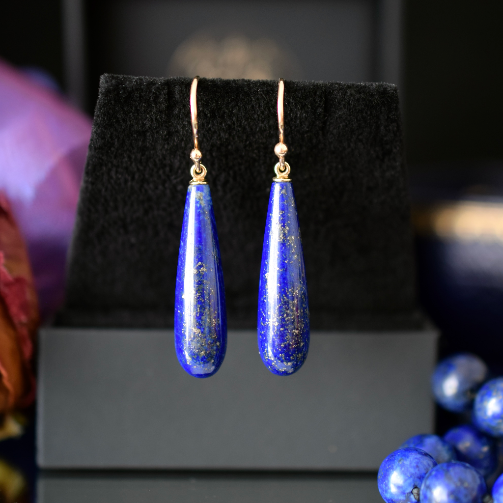 Modern 9ct Yellow Gold Lapis Lazuli Pendeloque Drop Earrings