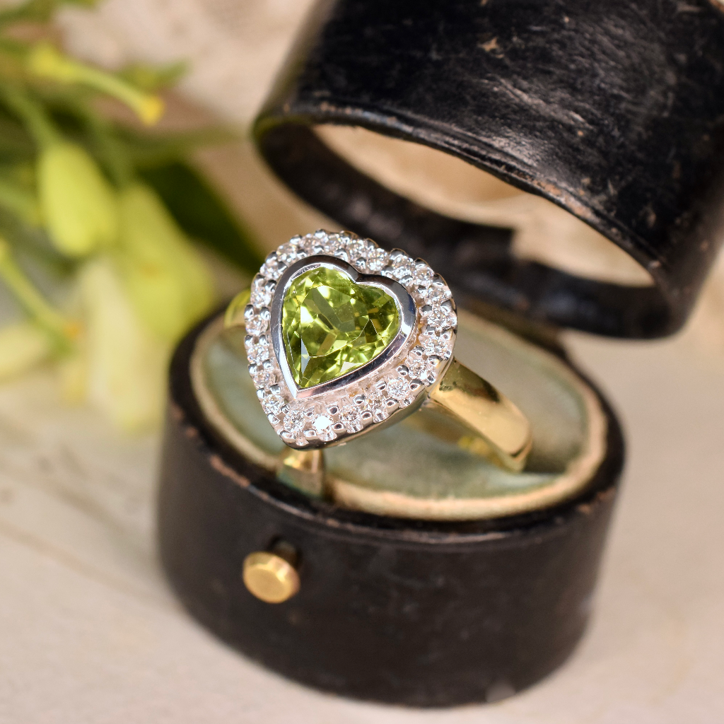 Modern 18ct Yellow Gold Heart-Cut Peridot And Diamond Halo Ring Independent Insurance/Retail Replacement Val Included For $3700 AUD
